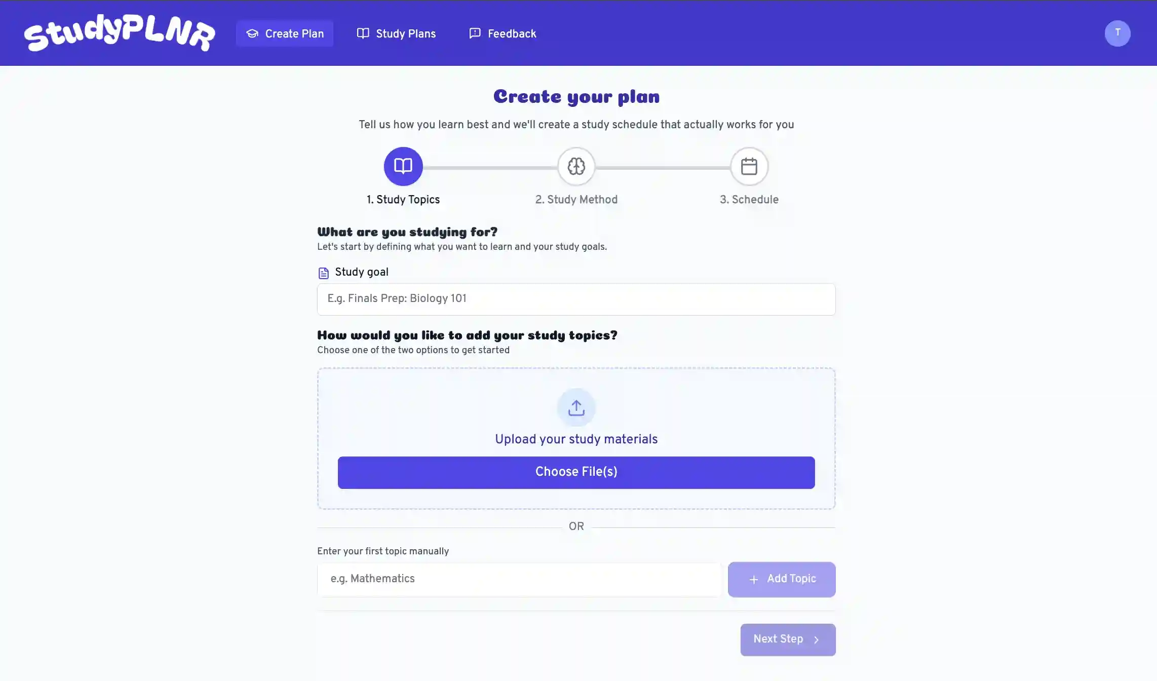 StudyPLNR dashboard with today's study plan, calendar, and progress